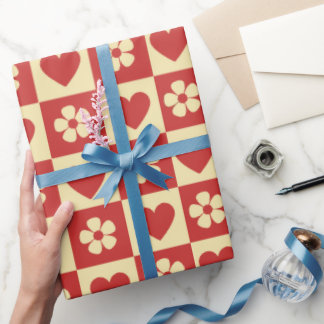 Papel De Regalo Patrón Retro de Corazones y Flores en Cuadros 