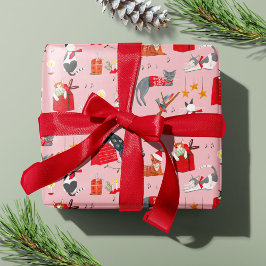 Papel De Regalo Patrón retro de Navidad rosa gato lindo