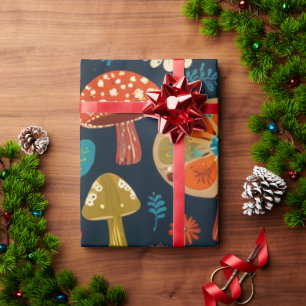 Papel De Regalo Patrón Retro Divertido de Hongos y Flores