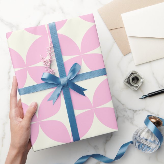 Papel De Regalo Patrón Retro Geométrico Rosa Blanco Mid Century (Regalar)