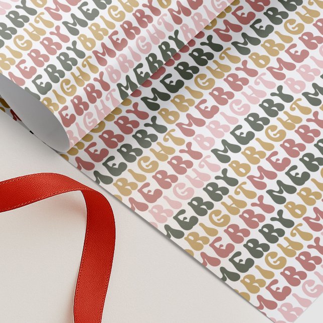 Papel De Regalo Patrón retro Groovy merry y color brillante (Groovy retro Merry & Bright Colorful Typography Design Gift Wrapping Paper)