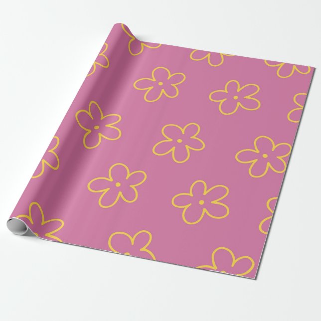 Papel De Regalo Patrón retro morado amarillo floral simple flor (Desenrollado)