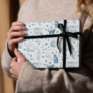 Papel De Regalo Patrón retro vintage de la tela Cat Catnip Azul bl