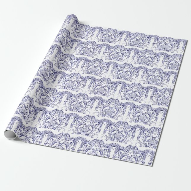 Papel De Regalo Patrón rococo barroco azul y blanco (Desenrollado)