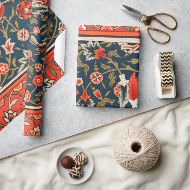 Papel De Regalo Patrón rojo azul pájaro y flor (Artesanía)