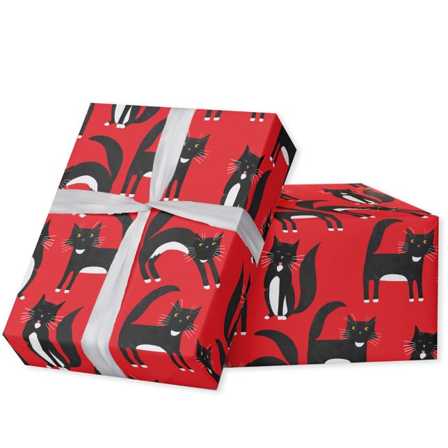 Papel De Regalo Patrón rojo gitano negro y blanco (Black and white bicolor Tuxedo Cat pattern red gift wrapping paper roll)