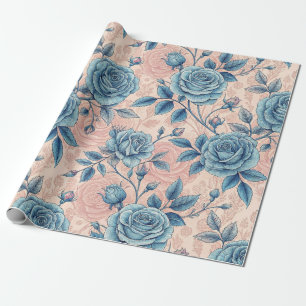 Papel De Regalo Patrón Rosa azul retro sobre fondo rosa suave