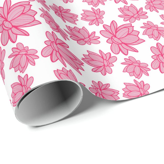 Papel De Regalo Patrón rosa de flores de Lotus en fondo blanco (Esquina del rollo)