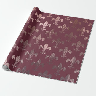 Papel De Regalo Patrón Rosa Gold Fleur-de-Lis en Borgoña