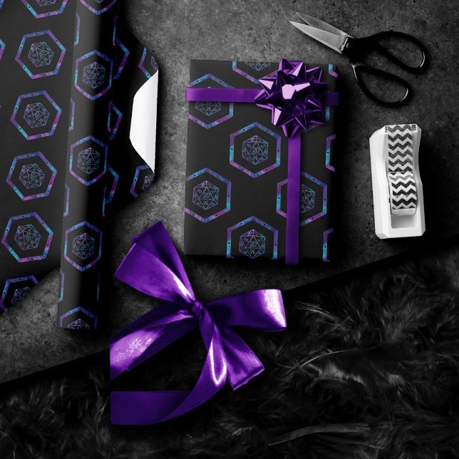 Papel De Regalo Patrón RPG D20 | Fantasía Dados Azules Púrpura (Subido por el creador)