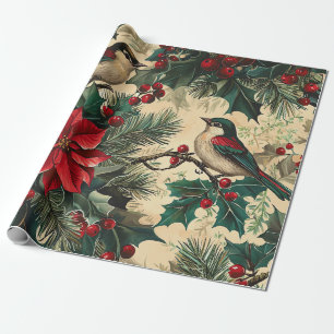 Papel De Regalo Patrón Rústico de Navidades de Pájaros y Poinsetti