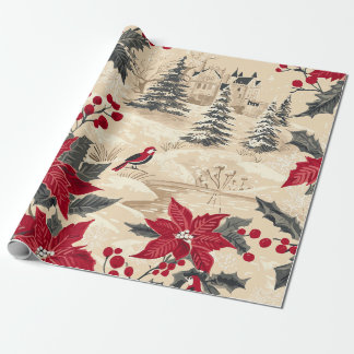 Papel De Regalo Patrón Rústico de Navidades de Pájaros y Poinsetti