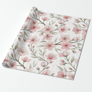 Papel De Regalo Patrón Sakura de flores de cerezo rosa en blanco (