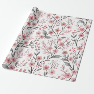 Papel De Regalo Patrón Sakura de flores de cerezo rosa en blanco (