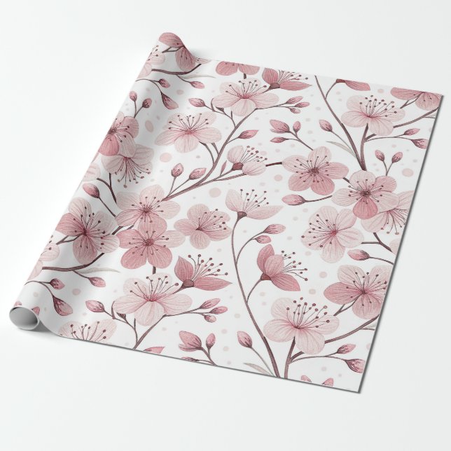 Papel De Regalo Patrón Sakura de flores de cerezo rosa en blanco ( (Desenrollado)