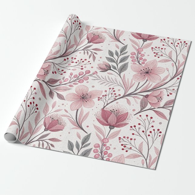 Papel De Regalo Patrón Sakura de flores de cerezo rosa en blanco ( (Desenrollado)