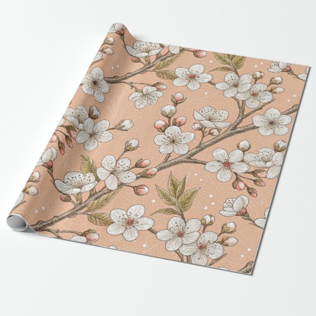 Papel De Regalo Patrón Sakura de flores de cerezo rosa sobre rosa  (Desenrollado)