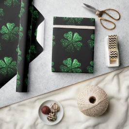 Papel De Regalo Patrón Shamrock oscuro verde brillante sobre negro