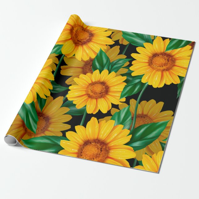 Papel De Regalo Patrón sin costuras de girasol. Fondo amarillo (Desenrollado)