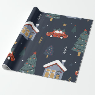 Papel De Regalo Patrón sin fisuras con árbol de navidad, auto