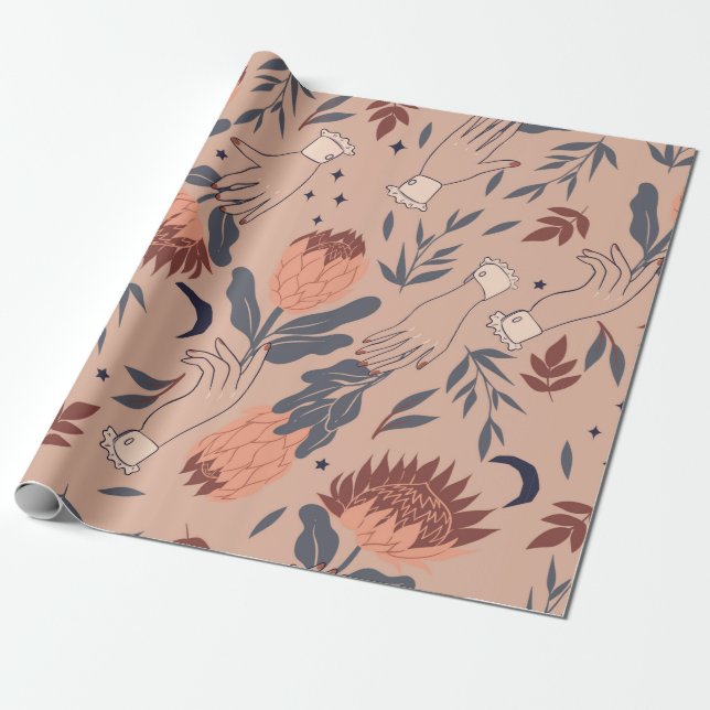 Papel De Regalo Patrón sin foco con aves, flores de protea y ha (Desenrollado)