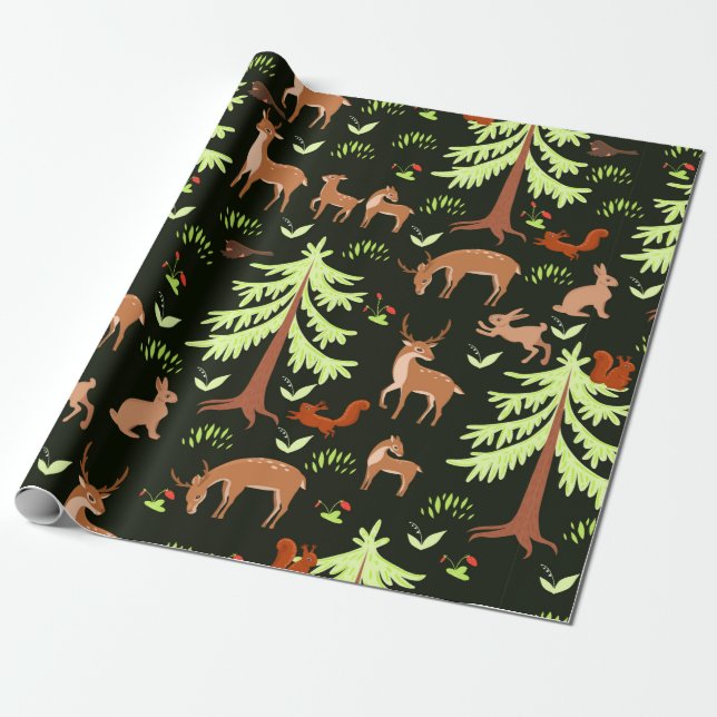 Papel De Regalo Patrón sin foco con ciervos en el bosque. (Desenrollado)