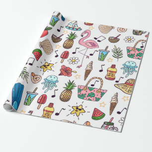 Papel De Regalo Patrón sin foco con elementos de verano. ilustrac