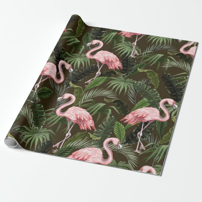 Papel De Regalo Patrón sin foco con flamingo y hojas tropicales (Desenrollado)