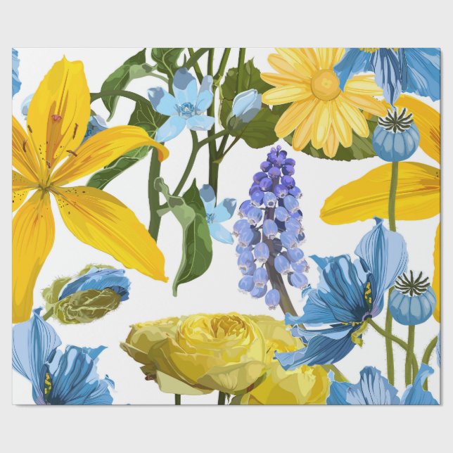 Papel De Regalo Patrón sin foco con flores azules amarillas. (Costura)