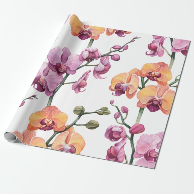 Papel De Regalo Patrón sin foco con flores de orquídea acuarela  (Desenrollado)