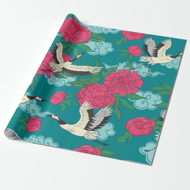 Papel De Regalo Patrón sin foco con grúas y peonías. Vintage  (Desenrollado)