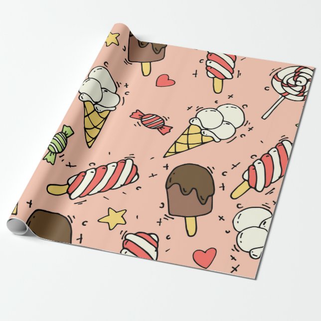 Papel De Regalo Patrón sin foco con helados y ollipops lindos (Desenrollado)