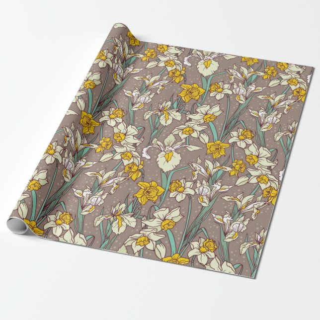Papel De Regalo Patrón sin foco con hermosos iris y narcisos (Desenrollado)