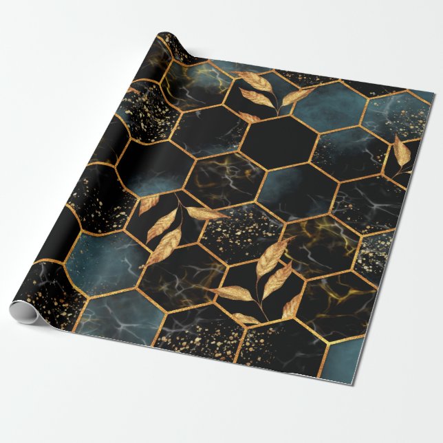 Papel De Regalo Patrón sin foco con hexágono de mármol y le dorado (Desenrollado)