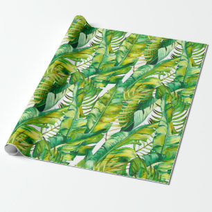 Papel De Regalo Patrón sin foco con hojas de plátano tropical. Agu