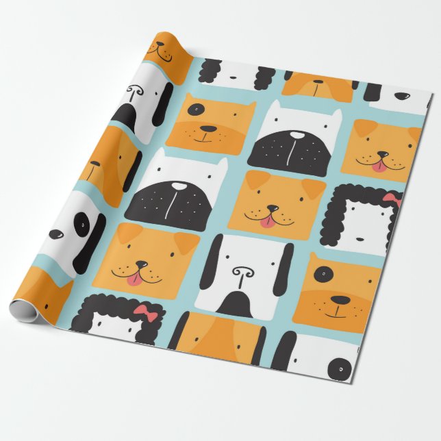 Papel De Regalo Patrón sin foco con perros lindos.  (Desenrollado)
