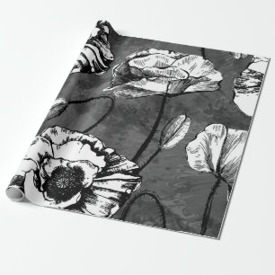 Papel De Regalo Patrón sin foco de amapolas blancas y negras. Illu