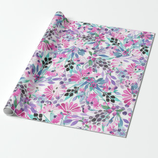 Papel De Regalo Patrón sin foco de flores y bayas púrpura, blu