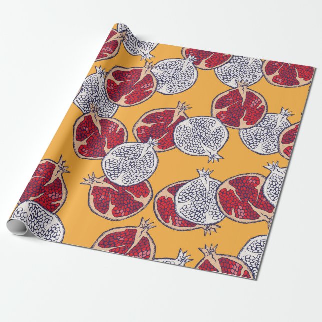 Papel De Regalo Patrón sin foco. Pomegranate dibujado a mano.  (Desenrollado)