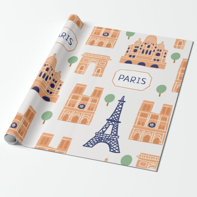 Papel De Regalo Patrón sin inconvenientes con parís de monumentos  (Desenrollado)