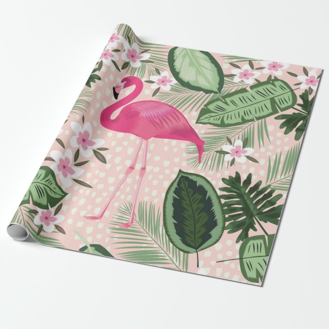 Papel De Regalo Patrón sin soldadura de flamingo y palmeras (Desenrollado)