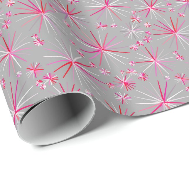 Papel De Regalo Patrón sputnik de mediados de siglo, gris y fucsia (Esquina del rollo)