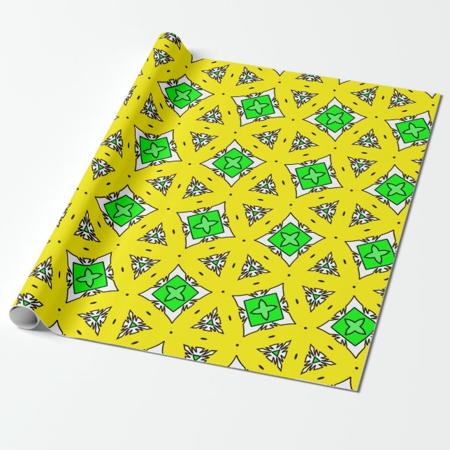 Papel De Regalo Patrón Starburst Geométrico Amarillo y Verde (Desenrollado)