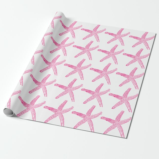 Papel De Regalo Patrón Starfish Beach Costero Blanco rosa caliente (Desenrollado)