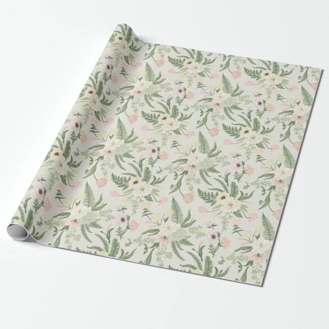 Papel De Regalo Patrón suave de flores de jardín verde (Desenrollado)