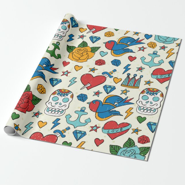 Papel De Regalo Patrón tatuaje sin fisuras.  (Desenrollado)