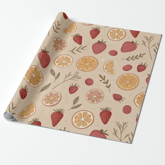 Papel De Regalo Patrón terroso rústico de fresa y cítricos (5) (Desenrollado)