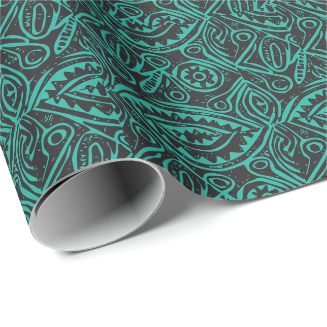 Papel De Regalo Patrón Tiki Negro y Verde (Esquina del rollo)