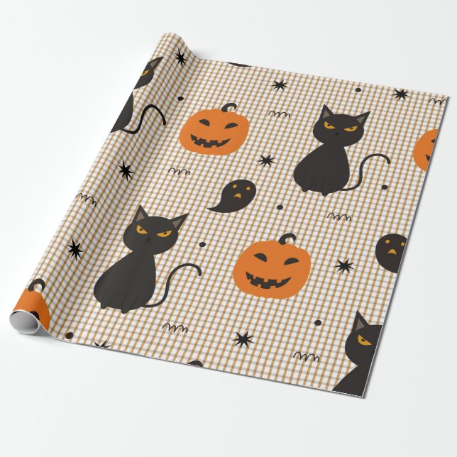 Papel De Regalo Patrón transparente de Halloween con gato negro y  (Desenrollado)