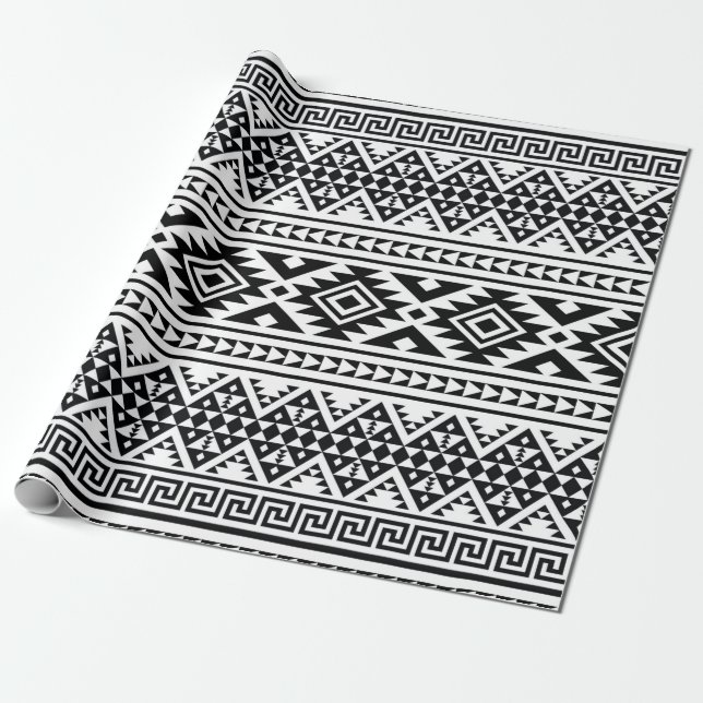 Papel De Regalo Patrón tribal azteca azul blanco negro boho (Desenrollado)